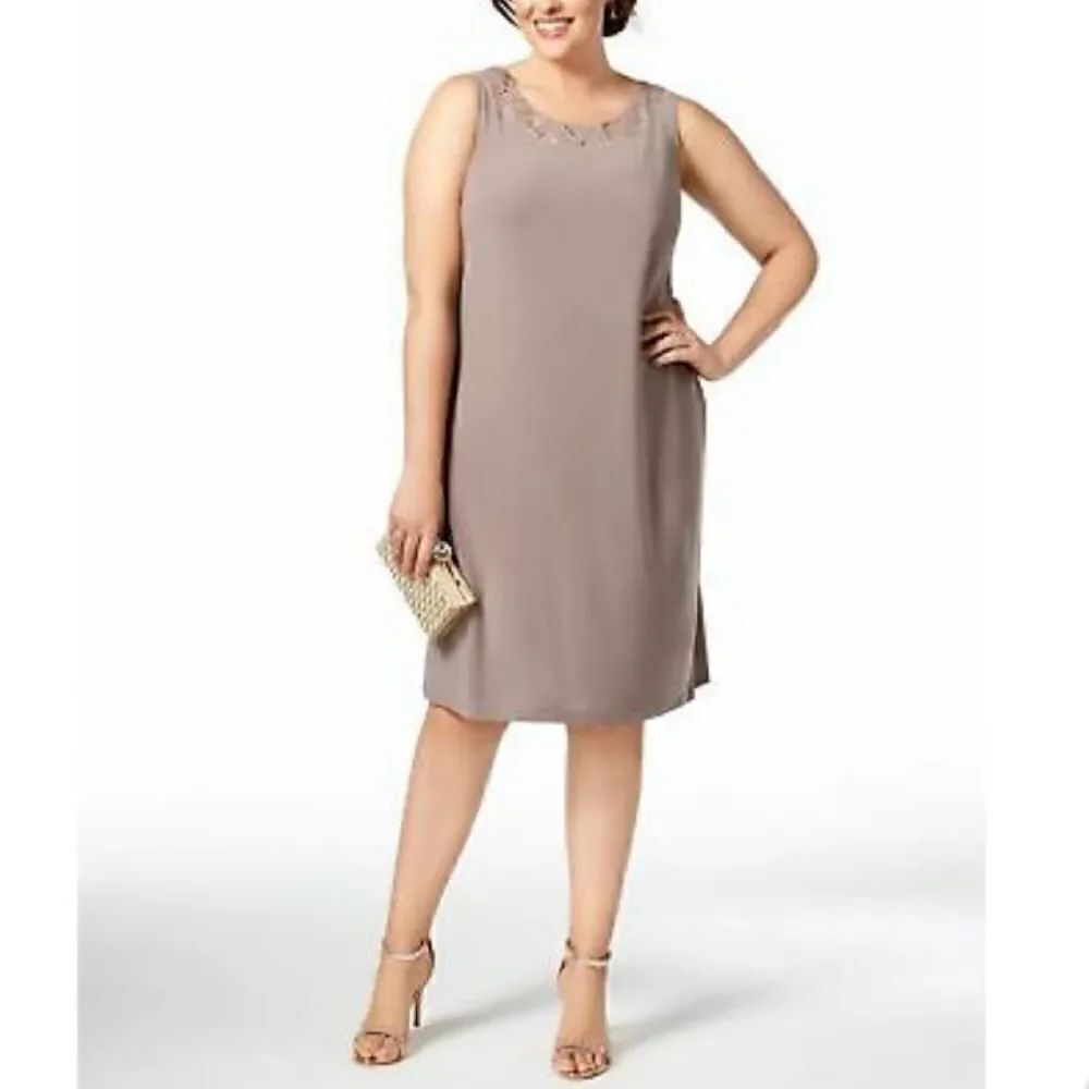 New R&M Richards Women's Brown Sleeveless Sequined Lace-Trim Dress Size 18W